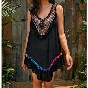 Tied Backless Pom Pom Ruffle Hem Cover Up 🩷🩵💛